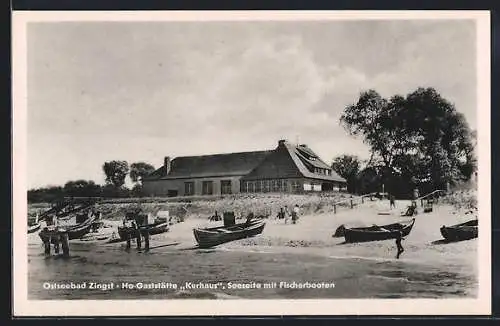 AK Zingst / Ostsee, HO-Gaststätte Kurhaus, Seeseite mit Fischerbooten