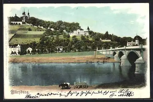 AK Würzburg, Mainufer und das Käppele im Hintergrund