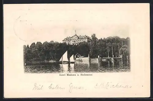 Präge-AK Mainau a. Bodensee, Insel mit kleinen Seglern, Karte mit Prägerand