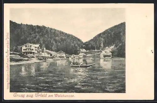 AK Urfeld am Walchensee, Blick zur Ortschaft übers Wasser