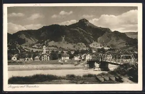 AK Lenggries, Ortsansicht mit Brücke & Kirche, Geierstein im Hintergrund