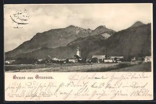 AK Grassau / Chiemgau, Ortsansicht mit Bergpanorama