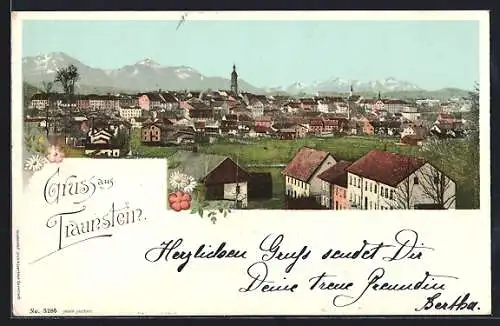 AK Traunstein, Gesamtansicht des Ortes mit Bergpanorama