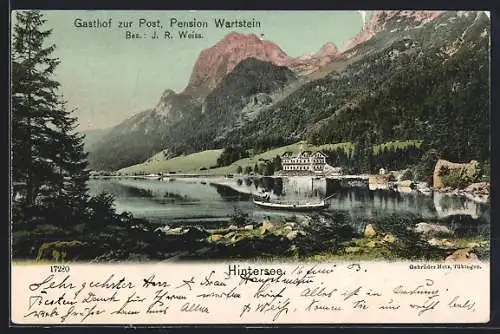 AK Hintersee / Ramsau, Uferpartie mit dem Gasthof zur Post, Pension Wartstein