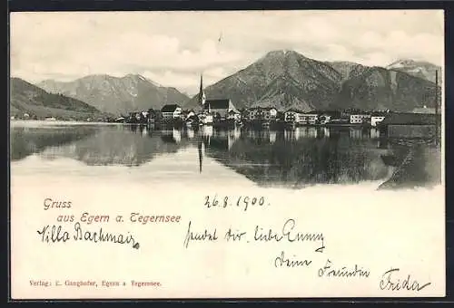 AK Egern a. Tegernsee, Ortsansicht mit See und Bergen