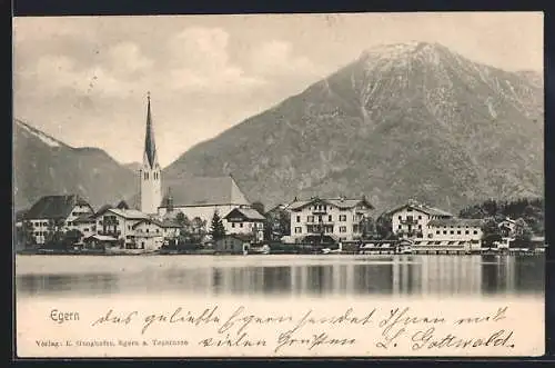 AK Egern, Blick zur Kirche vom See aus