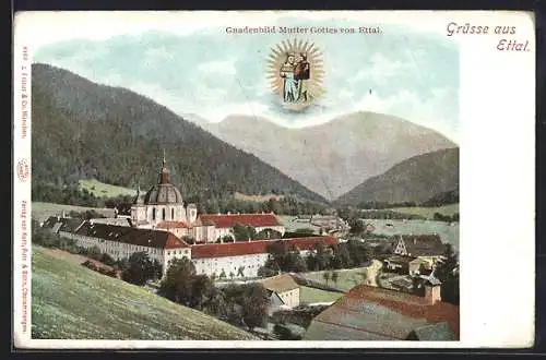 AK Ettal, Ortsansicht und Gnadenbild Mutter Gottes