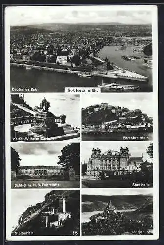 AK Koblenz, Deutsches Eck, Kaiser-Wilhelm-Denkmal, Schloss