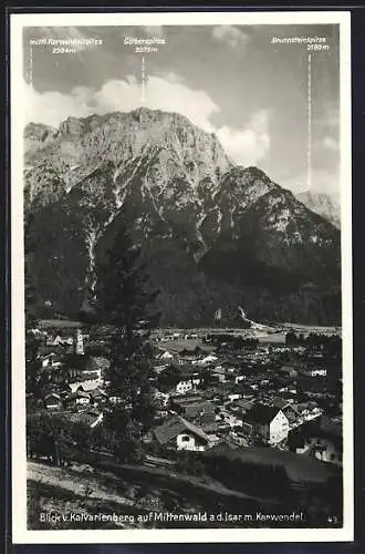 AK Mittenwald a. d. Isar, Blick vom Kalvarienberg auf den Ort mit Karwendel, Gerberspitze und Brunnsteinspitze