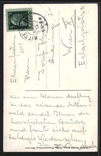 AK Mittenwald, Strassenpartie mit Berghintergrund