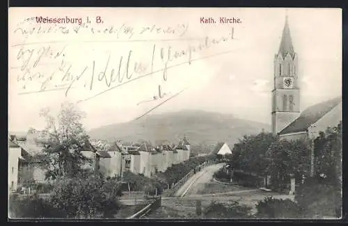 AK Weissenburg i. B., Katholische Kirche mit Strassenpartie