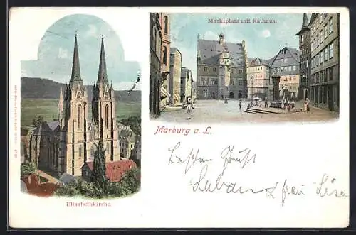 AK Marburg a. L., Elisabethkirche, Marktplatz mit Rathaus