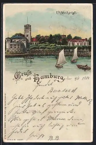 Lithographie Hamburg, Uhlenhorst mit Segelbooten