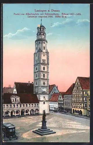 AK Lauingen a. Donau, Albertusplatz mit Schimmelturm und Denkmal