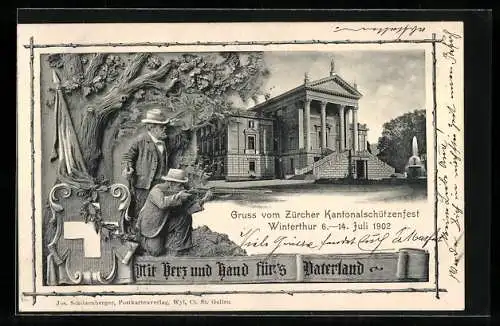 AK Winterthur, Zürcher Kantonalschützenfest 1902, Schützen vor dem Gebäude