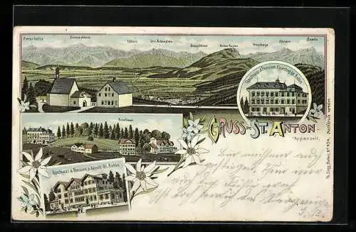 Lithographie St. Anton, Gasthaus & Pension Alpenhof & Gasthaus & Pension z. Rössli, Schulhaus