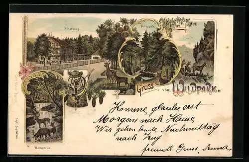 Lithographie Langnau am Albis, Gruss vom Wildpark, Forsthaus