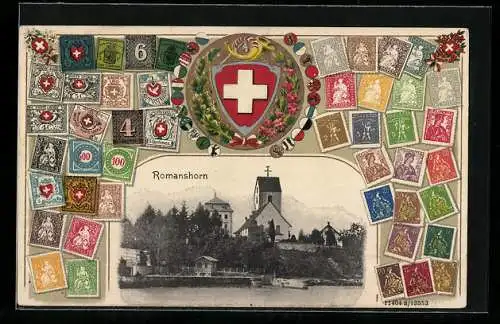 AK Romanshorn, verschiedene Briefmarken der Schweiz, Ortsansicht