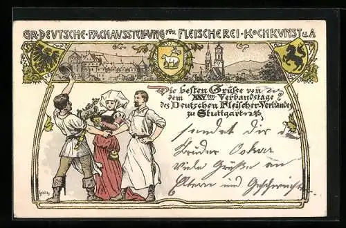 Lithographie Ganzsache PP27 C6: Stuttgart, XXV. Verbandstag d. Deutschen Fleischer-Verbandes 1902, Wappen und Stadt