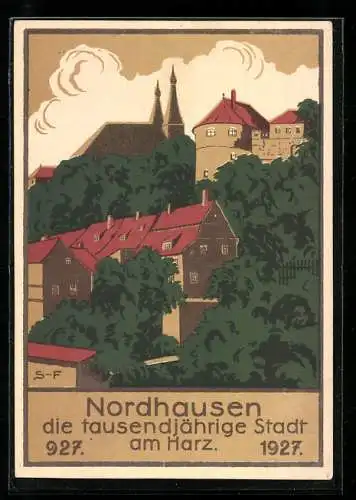 Künstler-AK Nordhausen /Harz, Jahrtausendfeier 1927, Ortsansicht mit Festung, Ganzsache