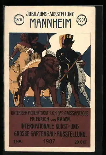 AK Ganzsache PP27 C82 /03: Mannheim, Int. Kunst- und Gartenbauausstellung 1907, Greif und Löwe vor einem Streitwagen