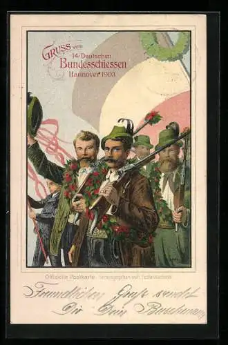 AK Hannover, 14. Deutsches Bundesschiessen 1903, Schützen mit Blumenkränzen & Gewehr, Ganzsache