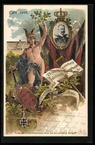 Lithographie Wilhelm II. von Württemberg, 25-jähriges Jubiläum des württ. Kriegerbundes 1902, Wappen, Ganzsache