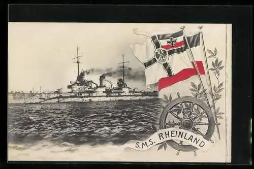 AK Kriegsschiff S. M. S. Rheinland mit Reichsfahne, Reichskriegsfahne und Steuerrad