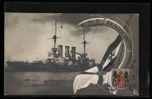 AK S.M.S. Braunschweig auf See, Wappen und Reichskriegsfahne