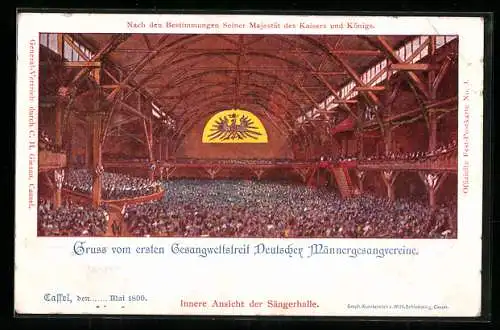 Künstler-AK Kassel, Erster Gesangswettstreit Deutscher Männergesangvereine 1899, Innenansicht der Sängerhalle, Ganzsache