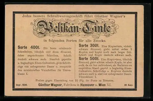 AK Hannover, Reklame für Pelikan-Tinte, Fabrik Günther Wagner, Ganzsache