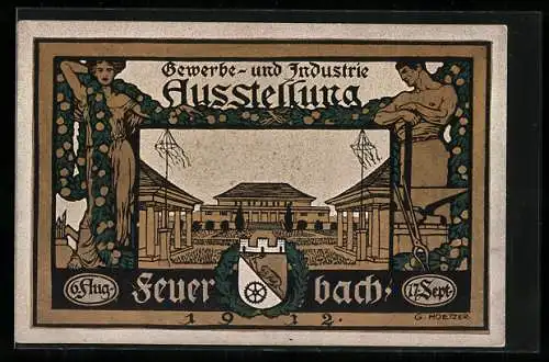 Künstler-AK Feuerbach, Gewerbe- und Industrie-Ausstellung 1912, Festplatz und Wappen, Ganzsache