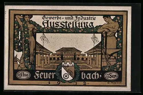 Künstler-AK Feuerbach, Gewerbe- und Industrie-Ausstellung 1912, Festplatz und Wappen, Ganzsache