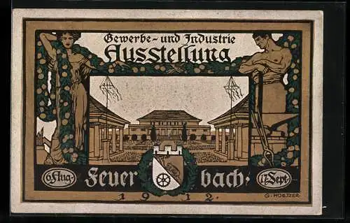 Künstler-AK Feuerbach, Gewerbe- und Industrie-Ausstellung 1912, Blick auf den Festplatz, Ganzsache