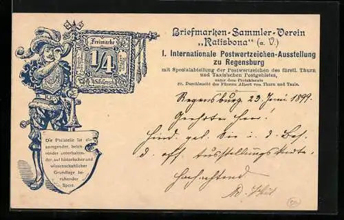 AK Regensburg, 1. Int. Postwertzeichen-Ausstellung 1899, Briefmarken-Sammler-Verein Ratisbona, Ganzsache Bayern