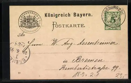 AK Regensburg, 1. Int. Postwertzeichen-Ausstellung 1899, Briefmarken-Sammler-Verein Ratisbona, Ganzsache Bayern