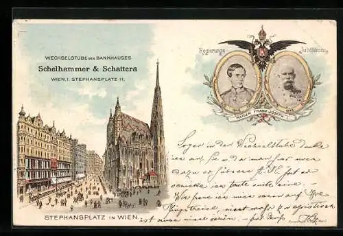 Lithographie Wien, Wechselstube des Bankhaus Schelhammer & Schattera, Stephansplatz 11, Kaiser Franz Josef I. v. Österr.