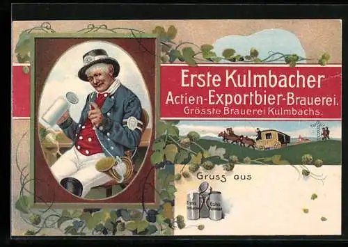 Lithographie Kulmbach, Erste Kulmbacher Actien-Exportbier-Brauerei, Postillon mit einem Bierkrug