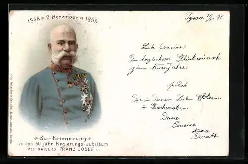 Lithographie Kaiser Franz Josef I. von Österreich in Uniform, 50-jähriges Regierungsjubiläum