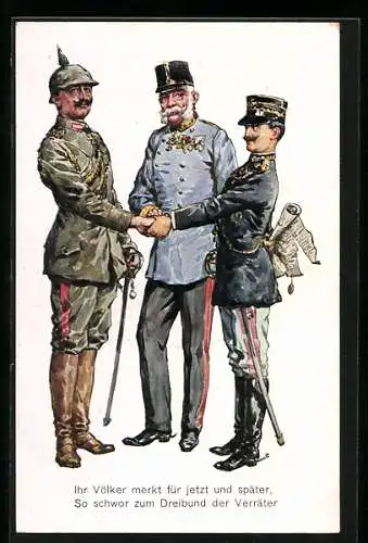 Künstler-AK Viktor Emanuel III. von Italien, Kaiser Franz Josef I. von Österreich, Dreibund