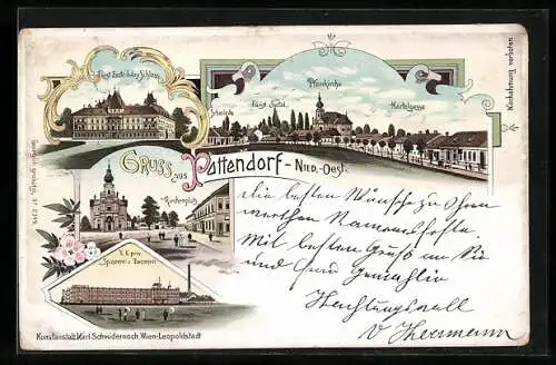 Lithographie Pottendorf /Nied.-Oest., Kirchenplatz, Fürst Eszterházy Schloss und Pfarrkirche