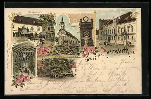 Lithographie Pyrawarth, Musikorchester, Gesundheitsbrunnen, Kurhaus