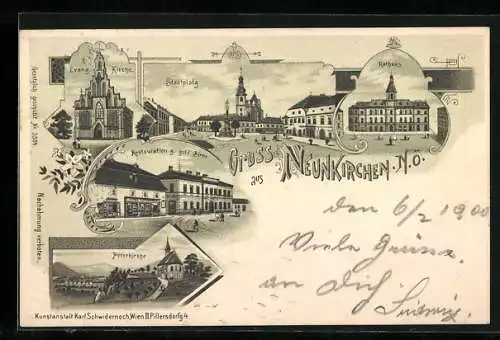 Lithographie Neunkirchen /N. Ö., Stadtplatz, Rathaus und Restaurant zur gold. Birne