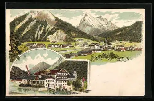 Lithographie Scharnitz, Ortsansicht mit Restaurant Zum goldenen Adler