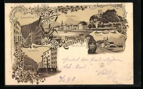 Lithographie Rattenberg, Biener Strasse, Stadtplatz, Tunnel, Ortsansicht mit Kaisergebirge