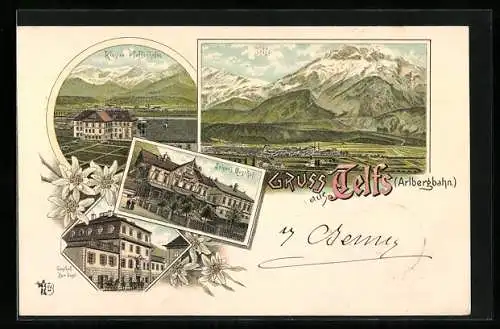 Lithographie Telfs, Gesamtansicht gegen die Alpen, Kloster Pfaffenhofen, Seiser`s Gasthof, Gasthof Zur Post