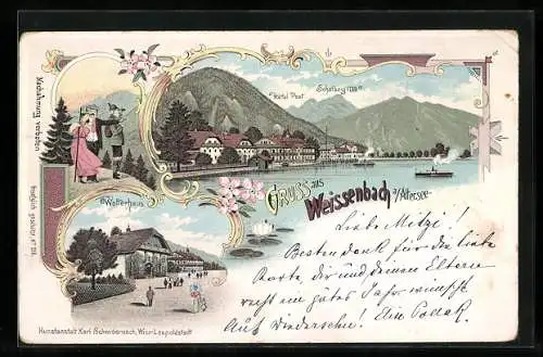 Lithographie Weissenbach a. Attersee, Hotel Post mit Schafberg, Wolterhaus, Bergsteier mit Fernglas