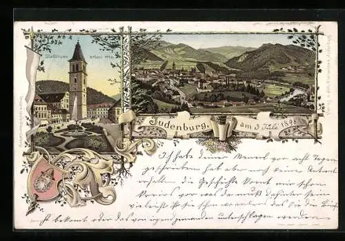 Lithographie Judenburg, Panorama und Blick auf den Stadtturm, Verzierung mit Wappen