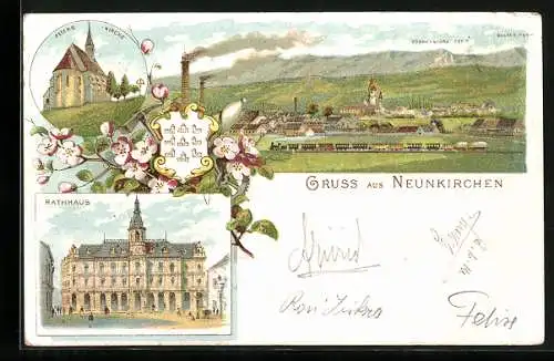 Lithographie Neunkirchen, Rathaus, Peterskirche, Ortsansicht gegen Türkensturz