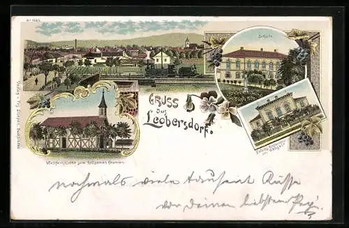 Lithographie Leobersdorf, Fabriks-Restauration von Ganz & Co., Schule, Wallfahrtskirche zum heilsamen Brunnen